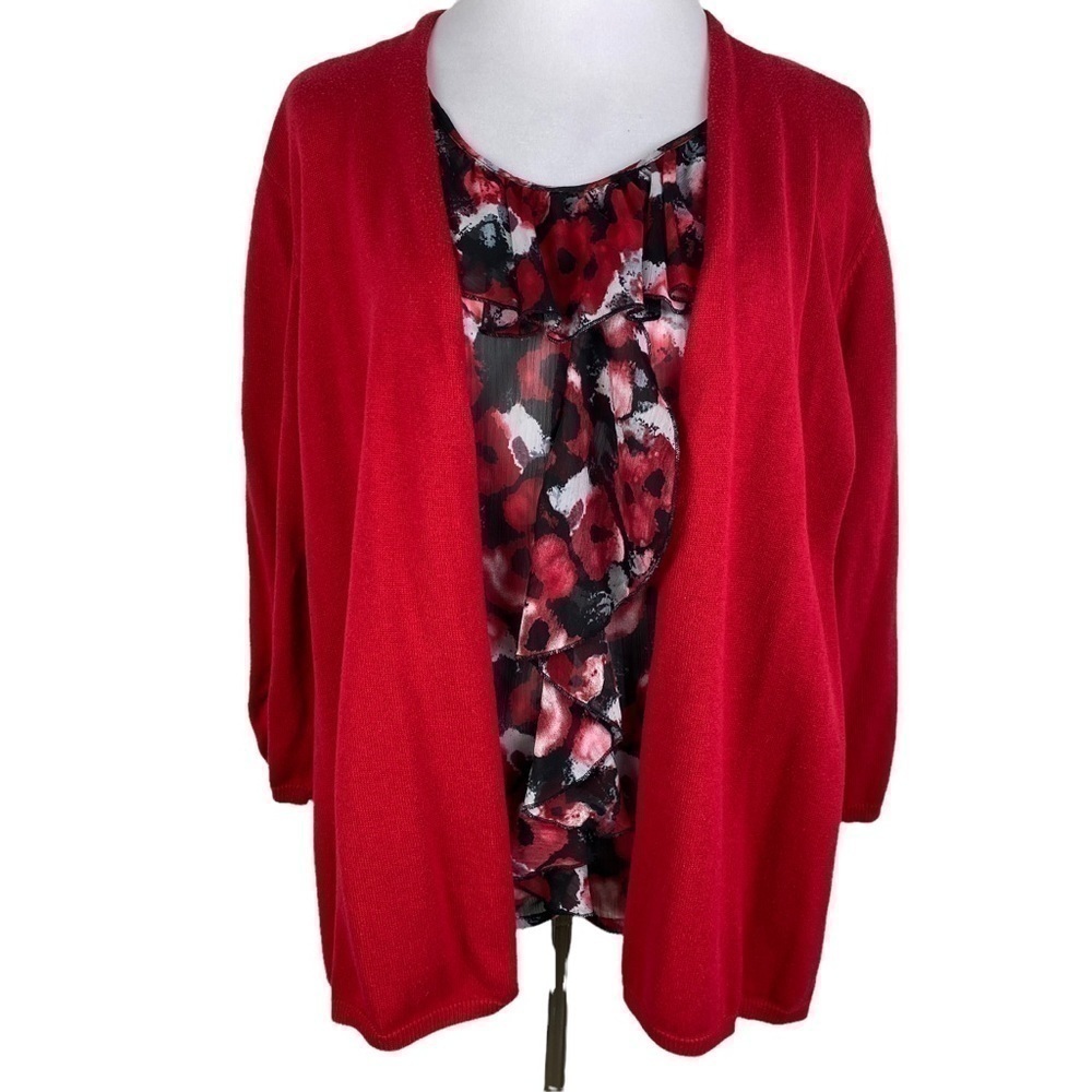 Elementz Floral Sheer 2-Layer Ruffle Open Sweater Cardigan Women's XL Red‎ Black